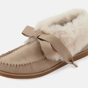 Tori Burch Aberdeen Suede Fur Lined Bow Slippers
